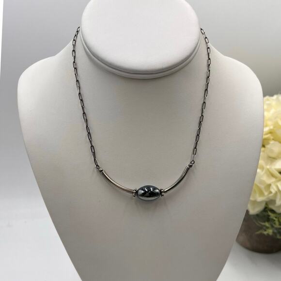 Sterling Silver 925 Artisan Made Chain Center Hematite Bead Accent Necklace - Picture 1 of 11
